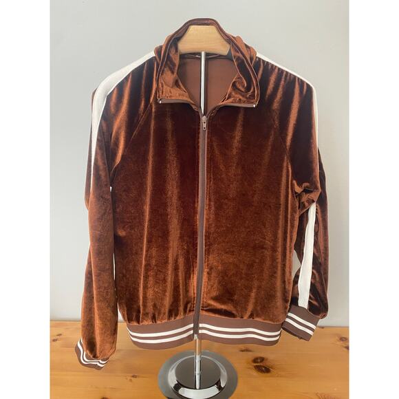 EKOUAER Velour Full Zip Track Jacket Retro Brown with Cream Stripes Size Small - Picture 1 of 10